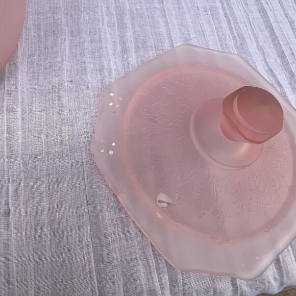 Vintage Pink Satin Depression Glass Frosted Princess Cookie Biscuit Jar With Lid - Picture 7 of 13